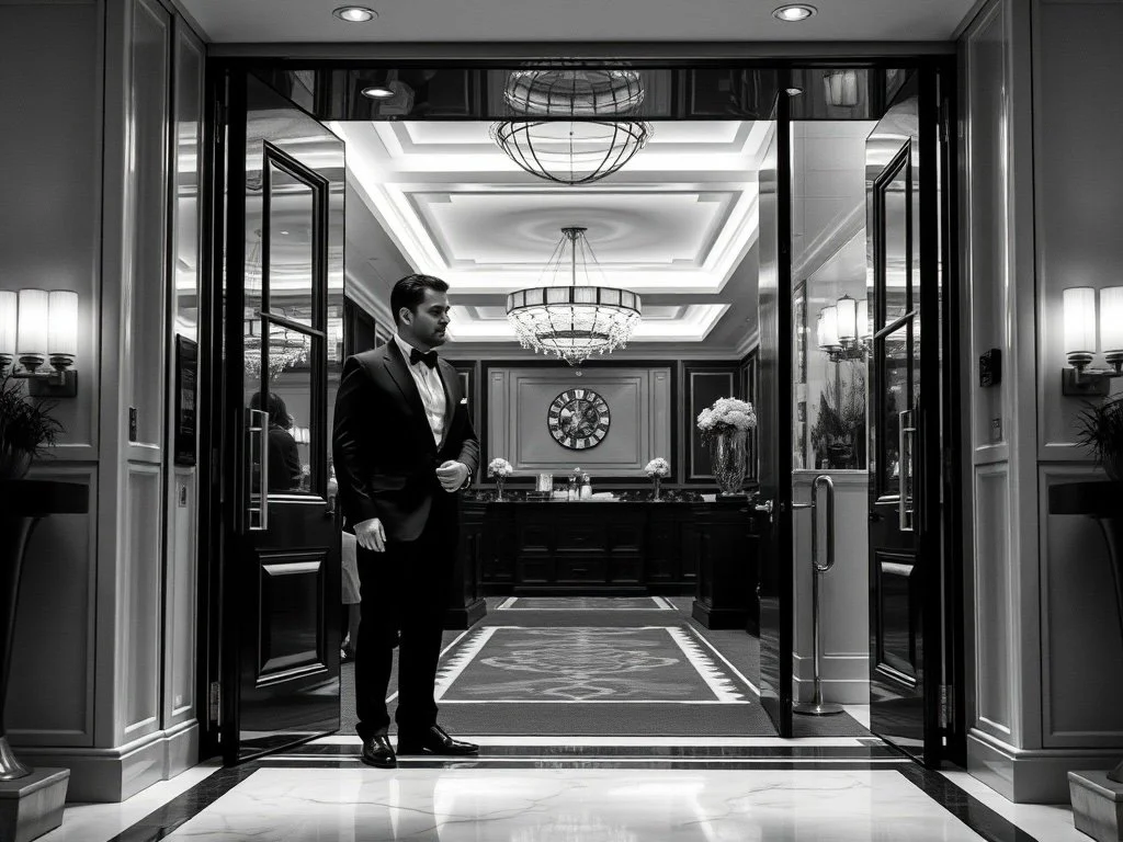 A man in a tuxedo standing in an elegant hotel lobby with chandeliers, decorative lighting, and a reception desk in the background.