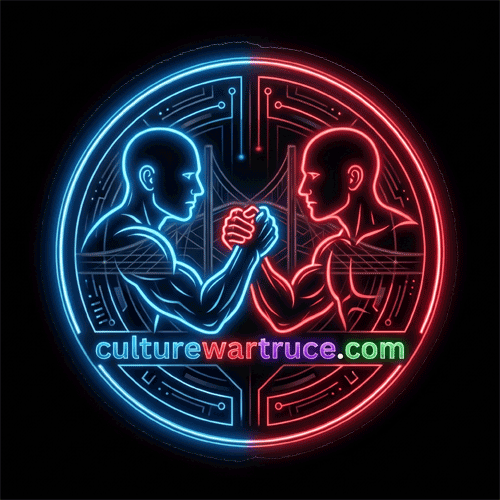 Neon illustration of two muscular men clasping hands in a handshake, split by a glowing circle. One side is blue, the other red, with circuit board patterns and the text "culturewartruce.com" below.
