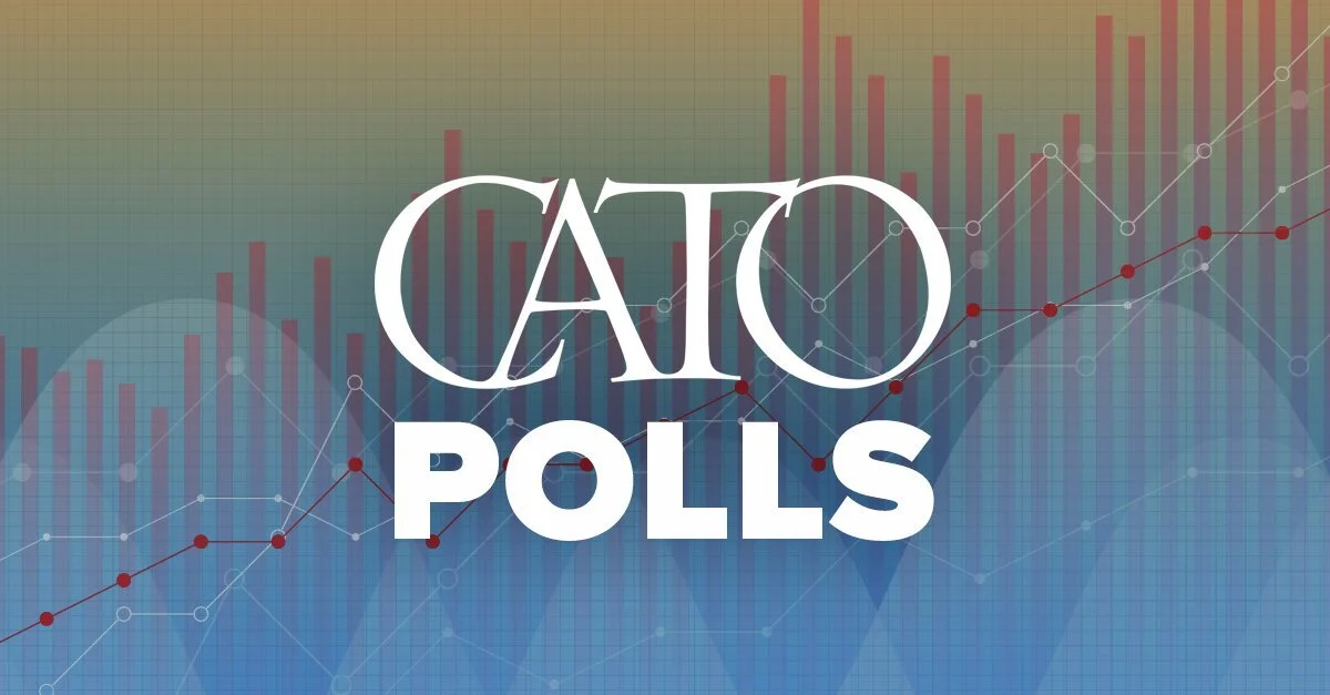 Logo of Cato Polls with a background of financial charts and graphs showing growth and fluctuations.