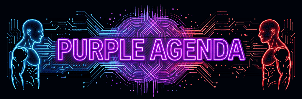 Neon digital artwork with the words "Purple Agenda" in the center, flanked by two stylized human figures in blue and red, connected by circuit-like lines and a central brain graphic.