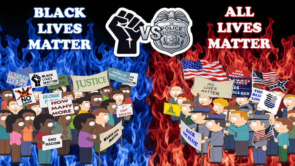 Illustration showing a protest split into two sides: one with Black Lives Matter signs and the other with All Lives Matter signs. The background features blue flames on the left and red flames on the right, with a raised fist and police badge icons in the center.