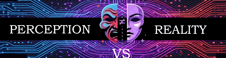 A digital graphic with a split mask in the center, showing a human face divided into two halves with different patterns, surrounded by colorful digital lines, with the words 'Perception VS Reality' in bold text.