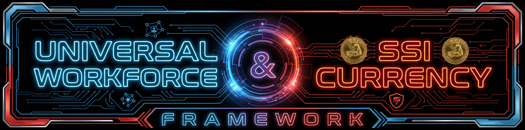 Digital graphic with neon text reading 'Universal Workforce & SSI Currency Framework' and icons of coins and circuitry design.