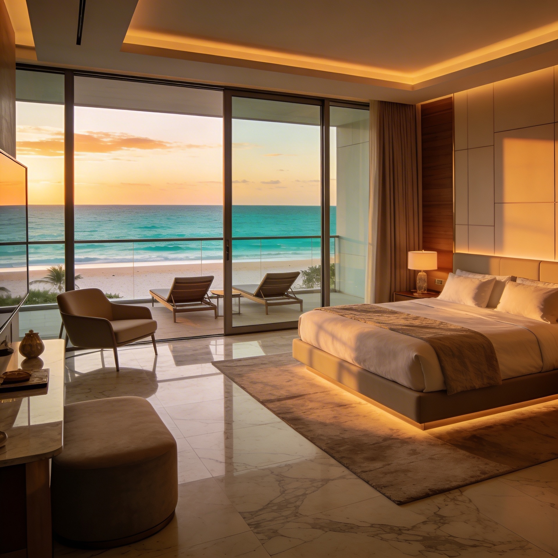 A luxurious hotel room with a large bed, bedside lamps, and a balcony with lounge chairs overlooking the ocean at sunset.