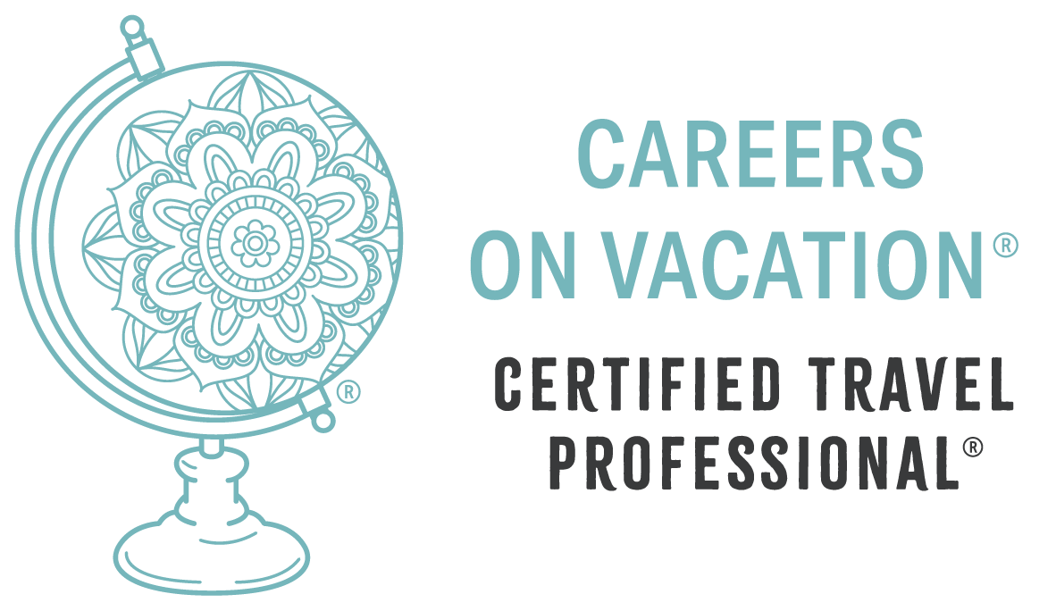 A logo for Careers on Vacation, a certified travel professional program, featuring an ornate world globe illustration and bold text.