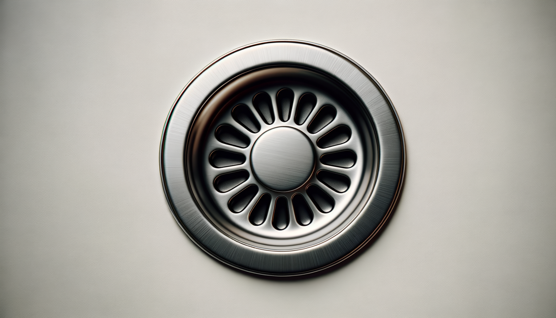 Close-up of a metallic sink drain with a circular design and a brushed finish, embedded in a light-colored countertop.