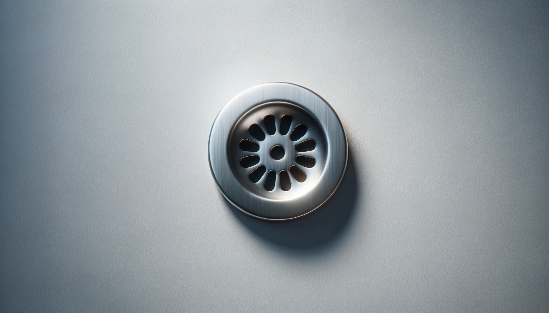 Close-up of a metal drain cover on a smooth surface.