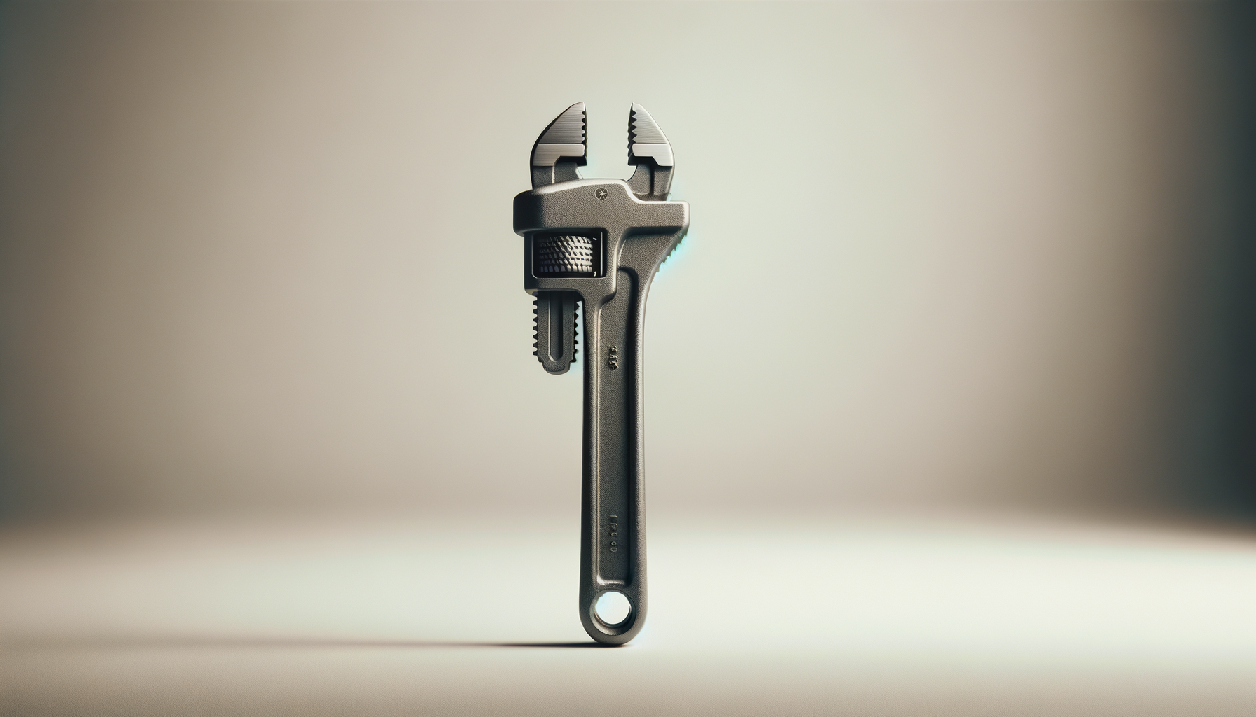 Adjustable wrench standing upright on a flat surface against a gradient background.