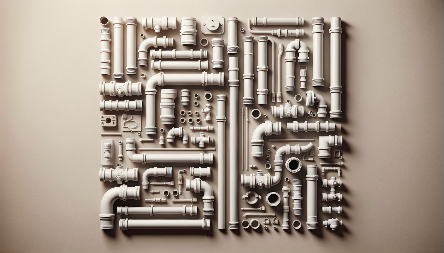 Arrangement of various white plastic plumbing pipes and fittings on a beige wall