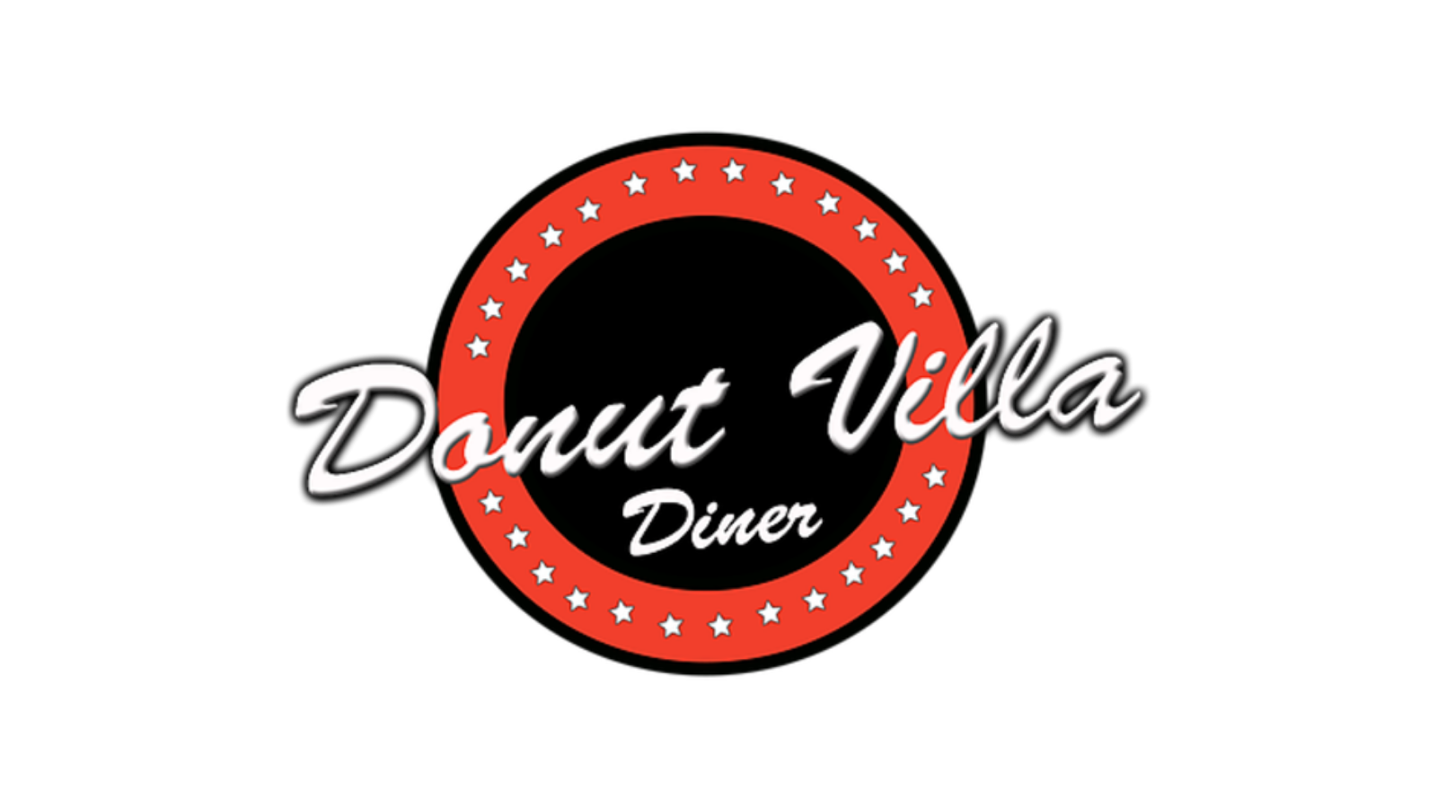 Doughnut Villa Diner logo with red donut shape surrounded by white stars on black background.
