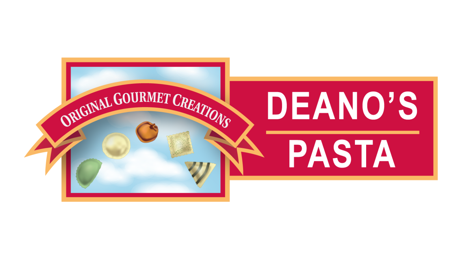 Deano's Pasta packaging featuring a red banner that reads 'Original Gourmet Creations' with images of various pasta shapes.