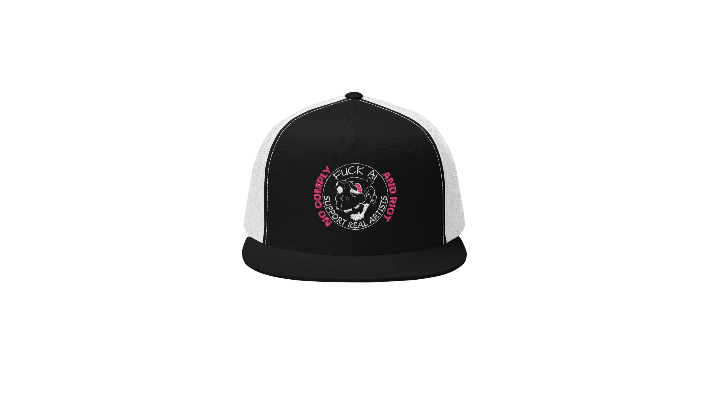 Black and white trucker cap with embroidered patch on front featuring a cartoon chimp wearing sunglasses and the words "No Comply Fuck AI And Riot Support Real Artists" in pink and white.