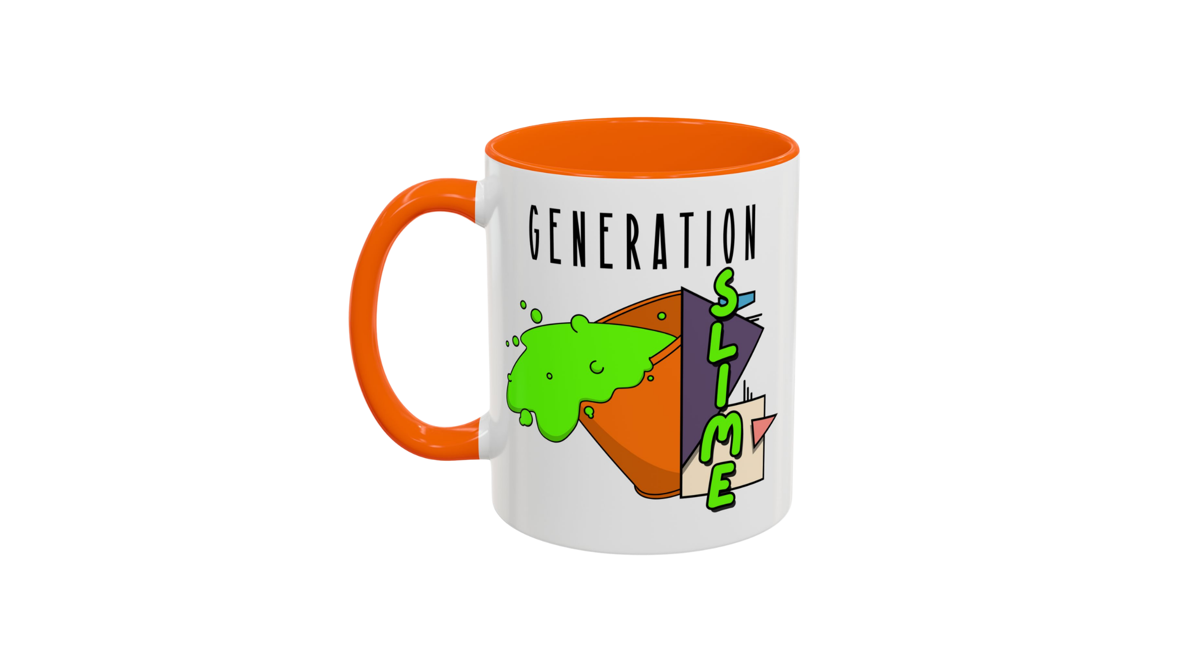 A white coffee mug with an orange handle and interior, featuring a colorful graphic design with the words 'Generation SLIME,' a green slime blob, an orange bowling bucket, and shapes