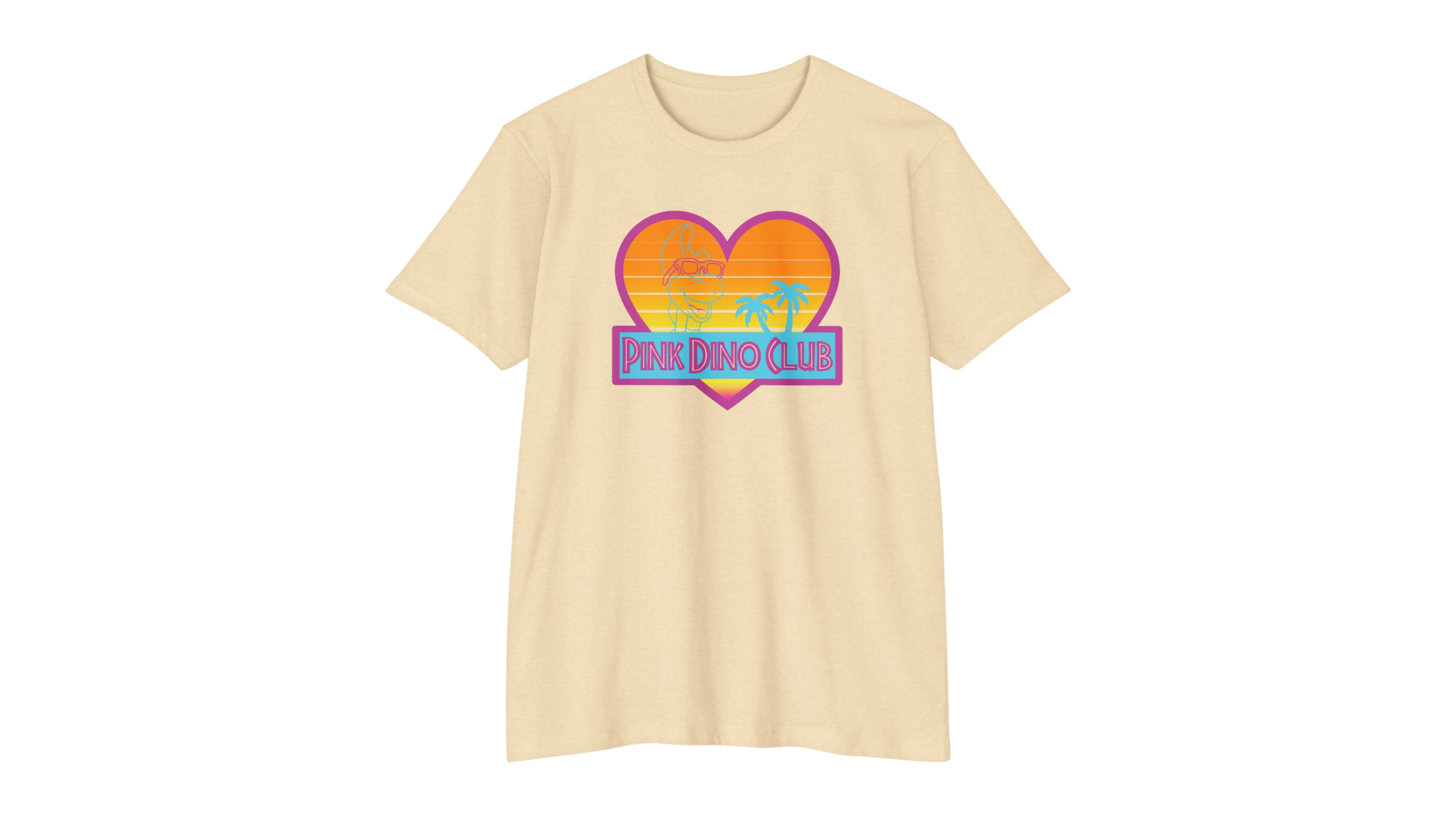 Beige t-shirt with a graphic design featuring a heart with a sunset background, palm trees, a cartoon dinosaur wearing sunglasses, and the text 'PINK DINO CLUB' in pink and blue.