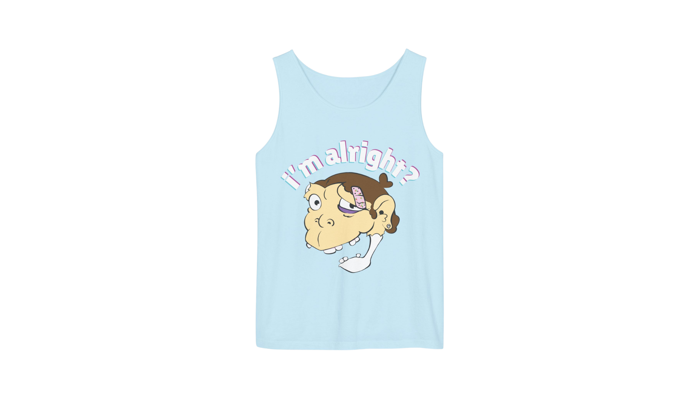 Light blue tank top with a cartoon character's face and the text "I'm alright?" above it.