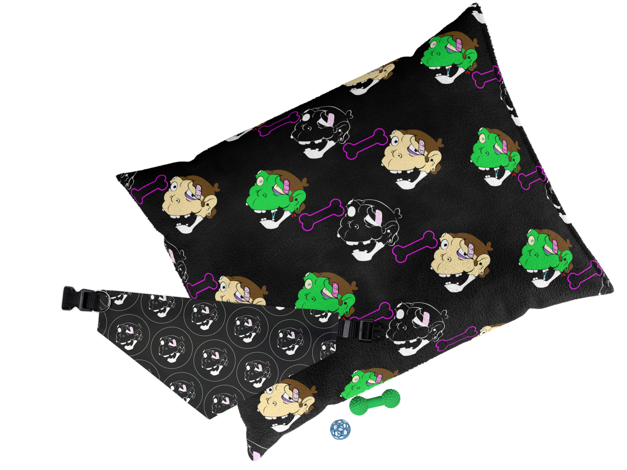 A black bandana and a dog bed with cartoon zombie faces in green, beige, black, and white, featuring purple bones.