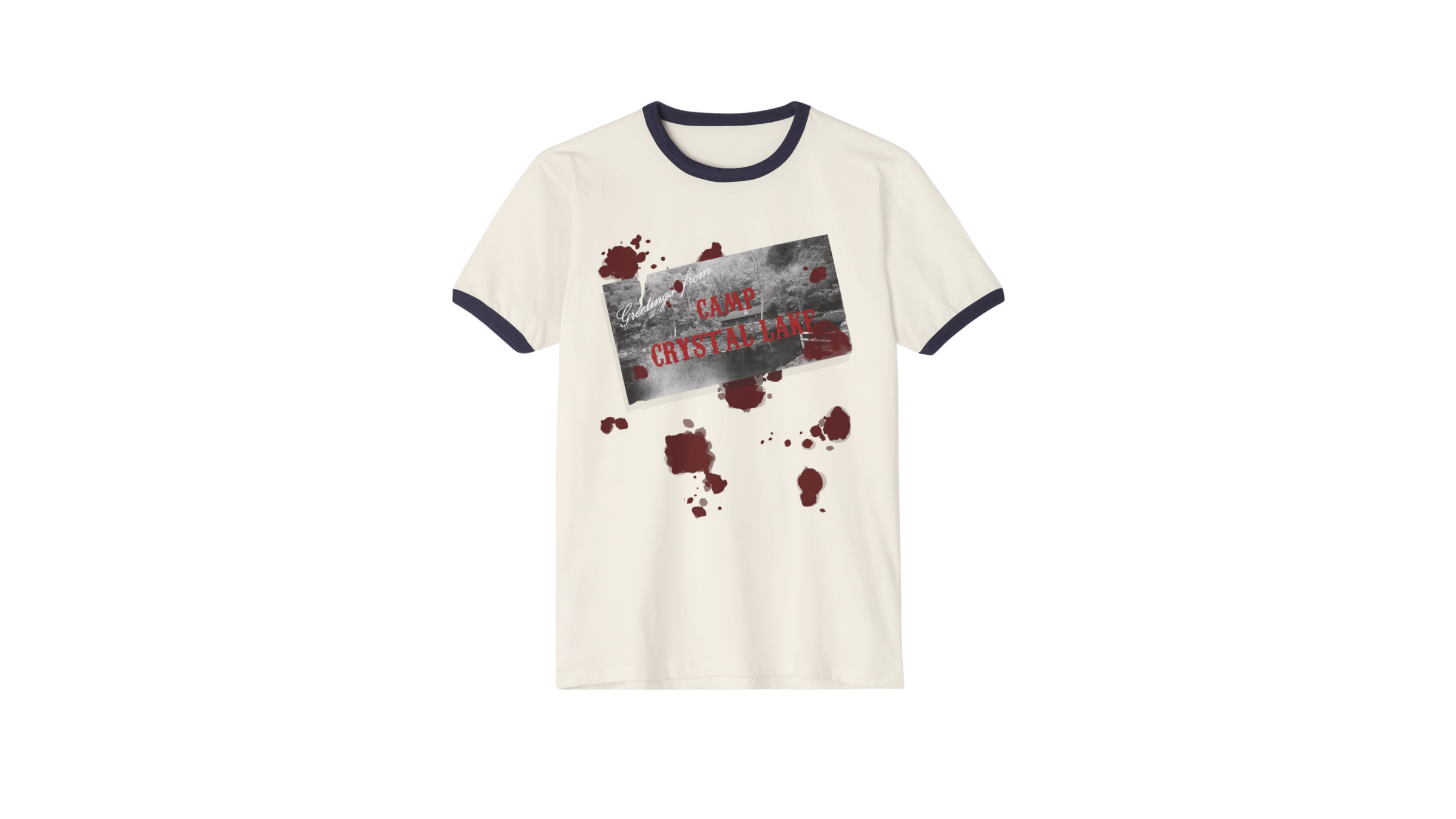 A white T-shirt with black collar and sleeve trim, blood splatters, and a graphic that says 'Greetings from CAMP CRYSTAL LAKE' in red and white text.