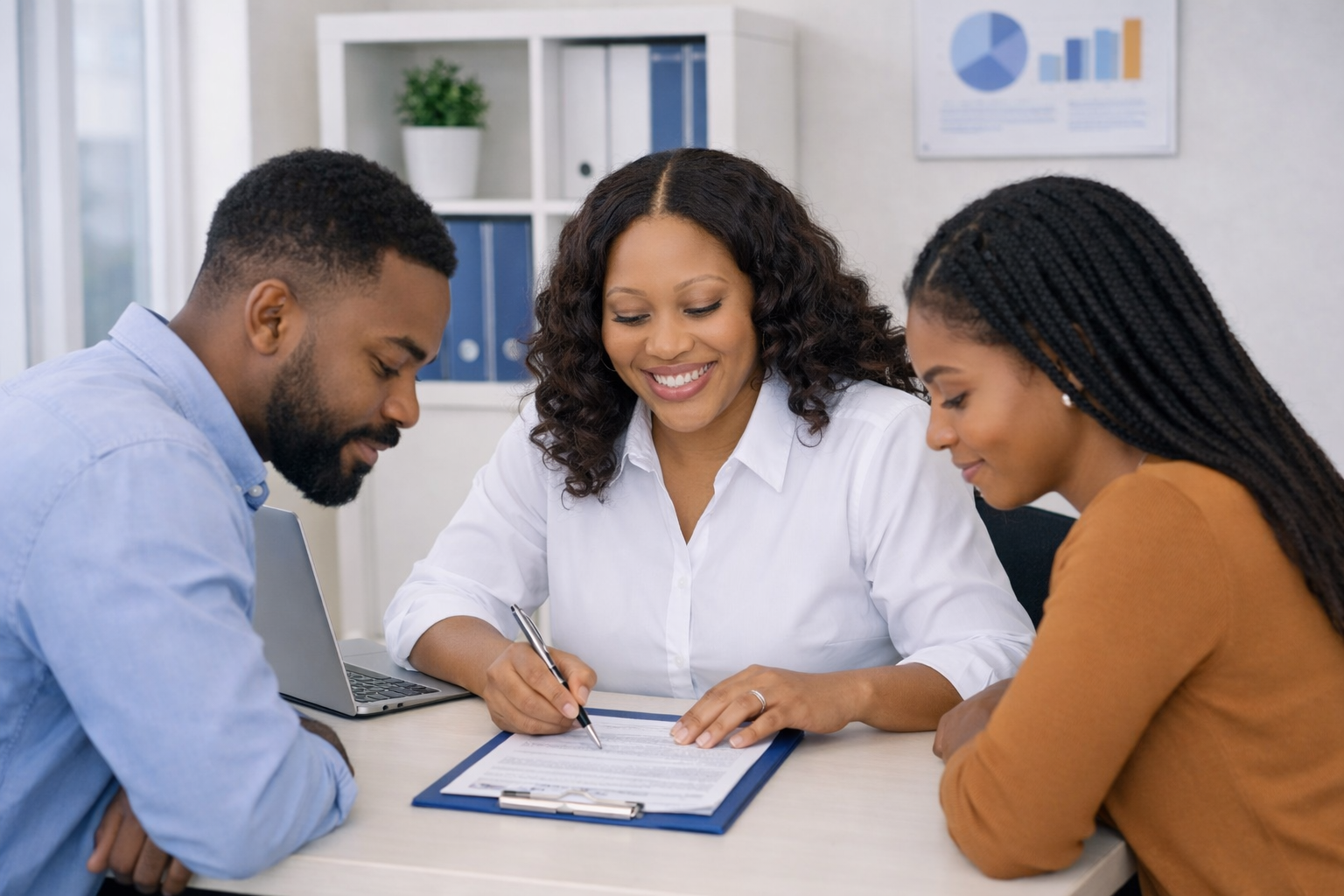 Three people sitting around a table in an office, looking at a document on a clipboard, with one woman smiling and holding a pen, two others leaning in.