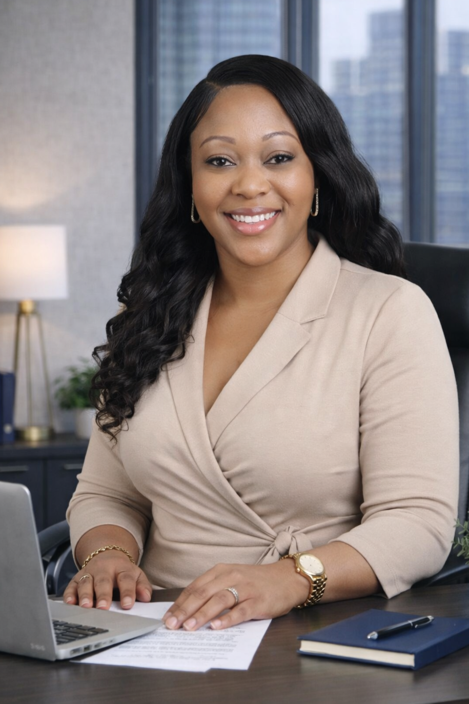 A smiling woman with long black hair, wearing a beige blazer, sitting at a desk in an office with a city view. She has a laptop, papers, pen, notebook, and gold watch on wrist.