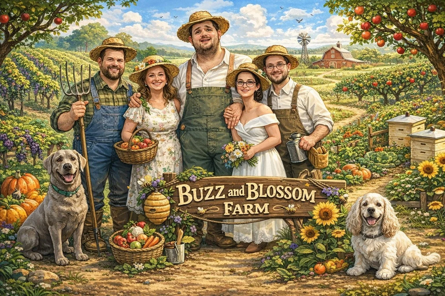 An illustrated farm scene with five smiling people dressed in farm attire, two dogs, and a sign reading "Buzz and Blossom Farm." The background features apple trees, sunflowers, a barn, a windmill, and a clear blue sky.