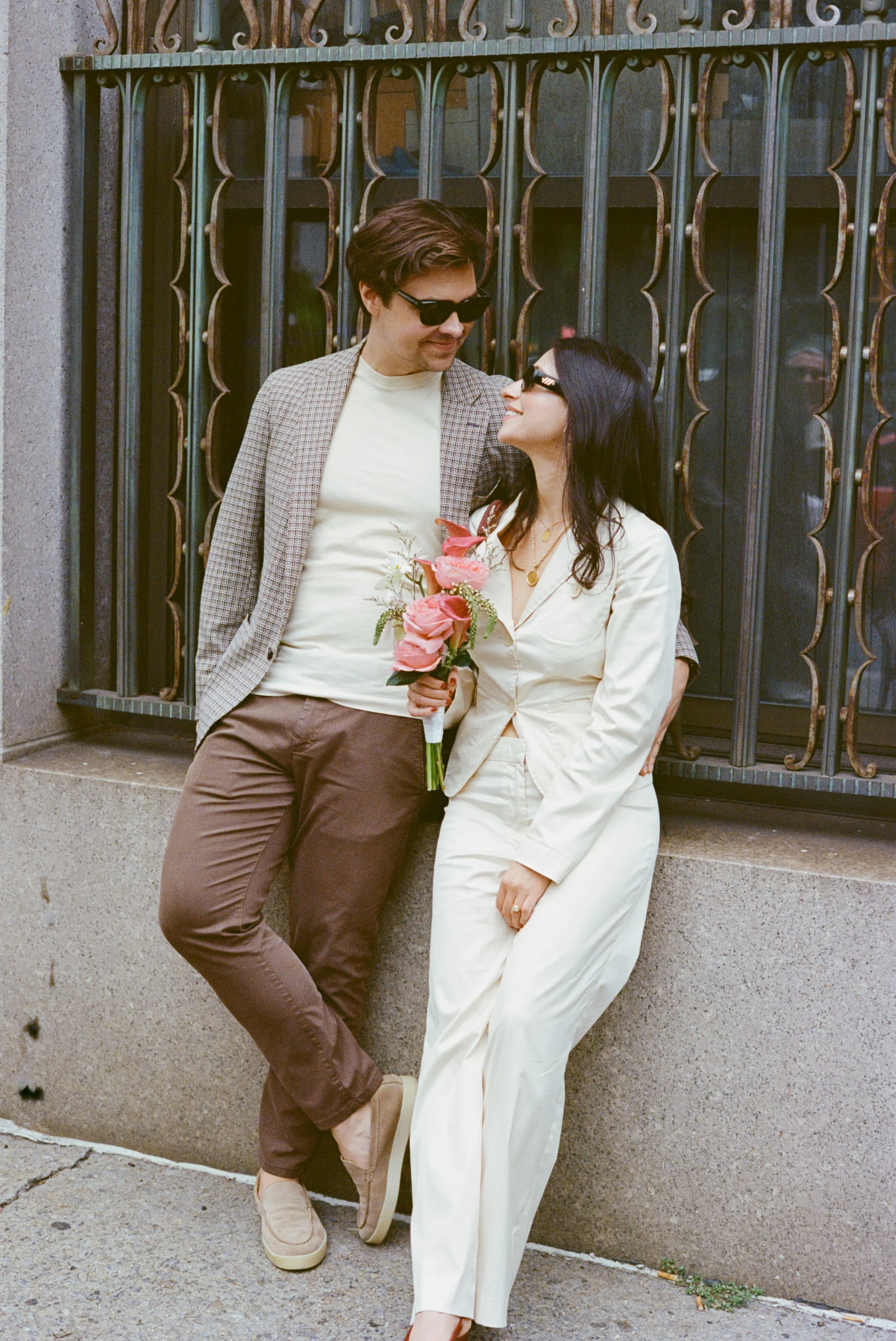 Wedding couple portrait outside of city hall in manhattan nyc
