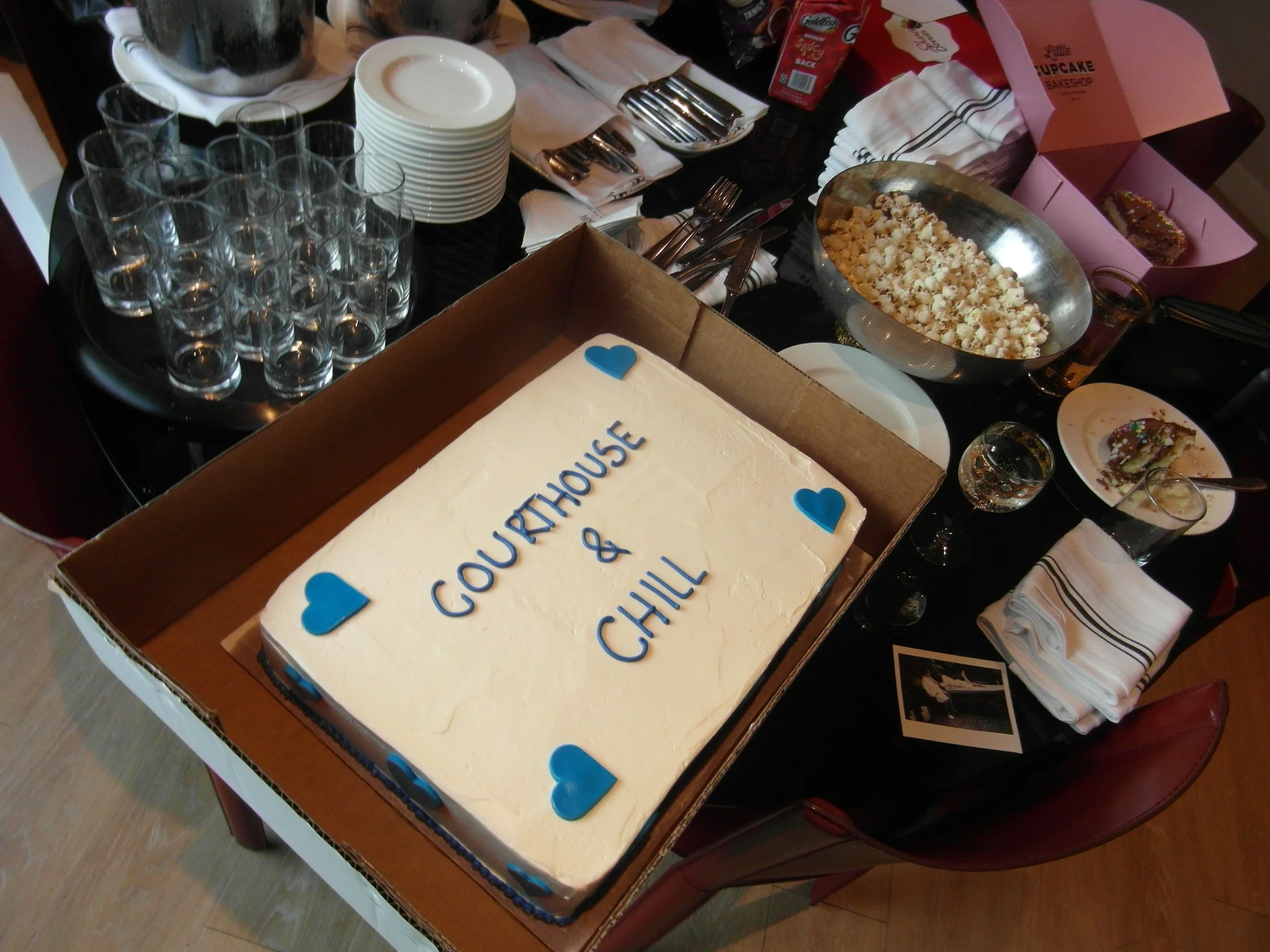Wedding cake that reads "courthouse and chill"