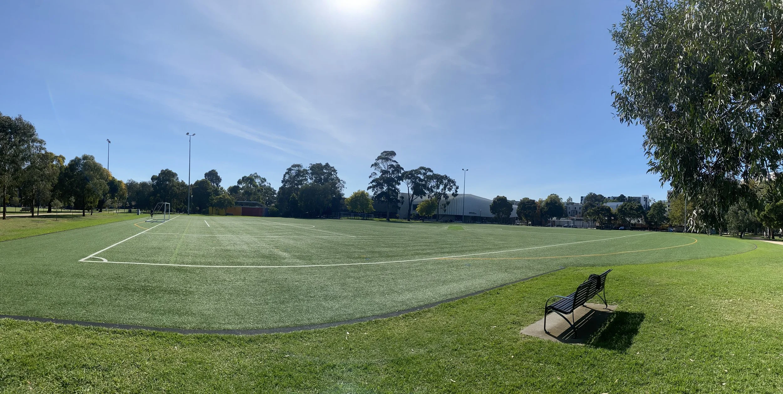 Synthetic soccer pitch with goals at JJ Holland Park in Melbourne