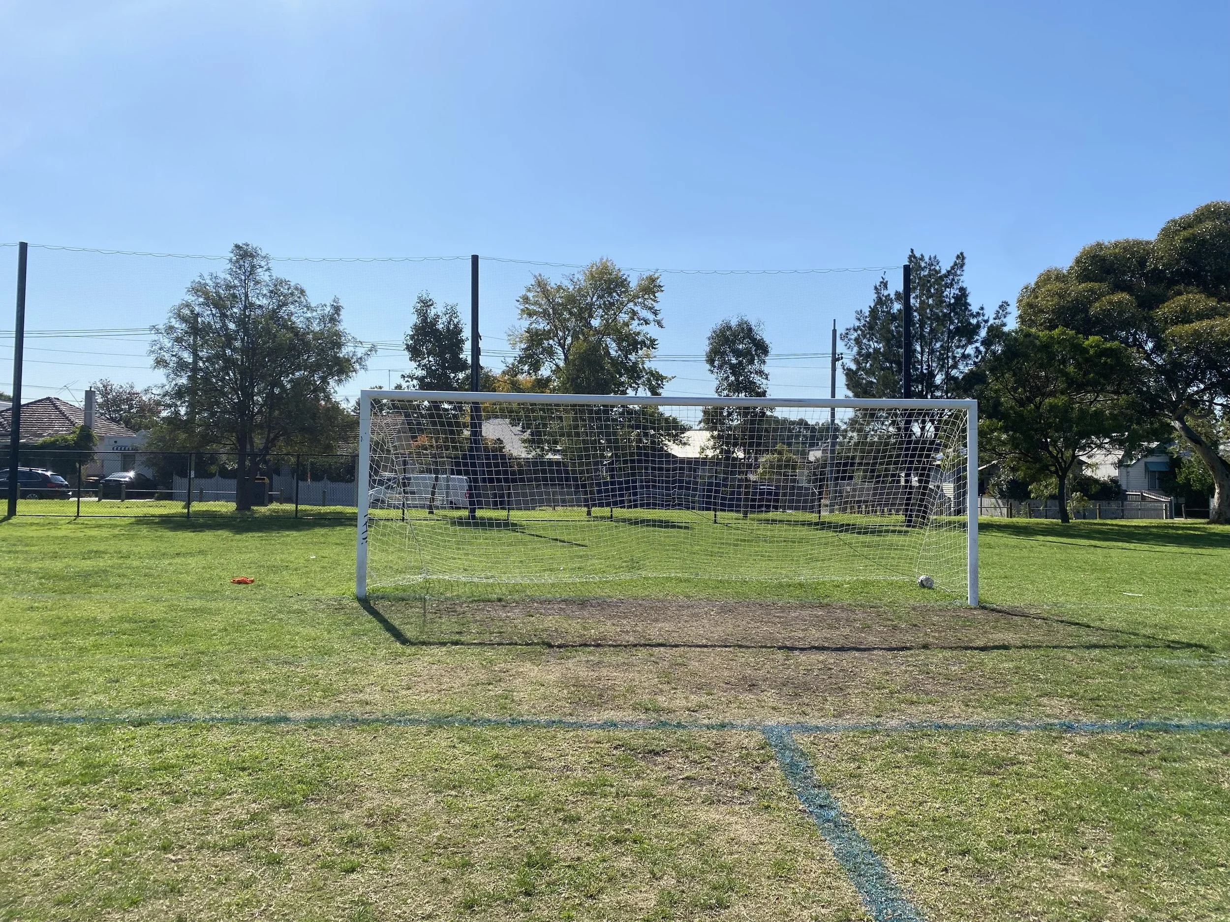 Mayer Park soccer pitch with netted goals.