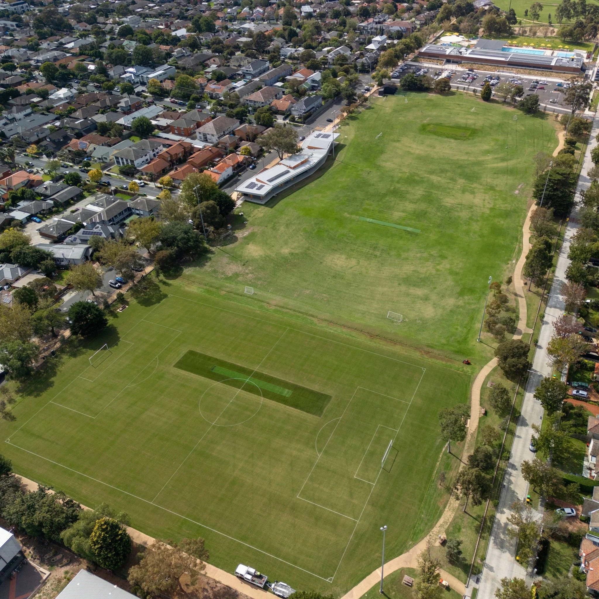 Soccer fields with goals at Lord Reserve in Melbourne