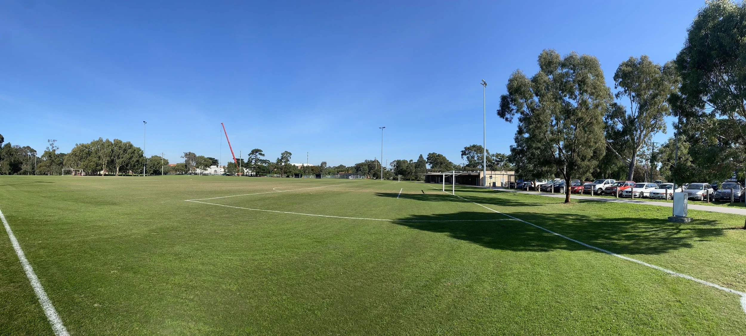 Two full-sized soccer pitches with goals at Fairfield Park in Melbourne