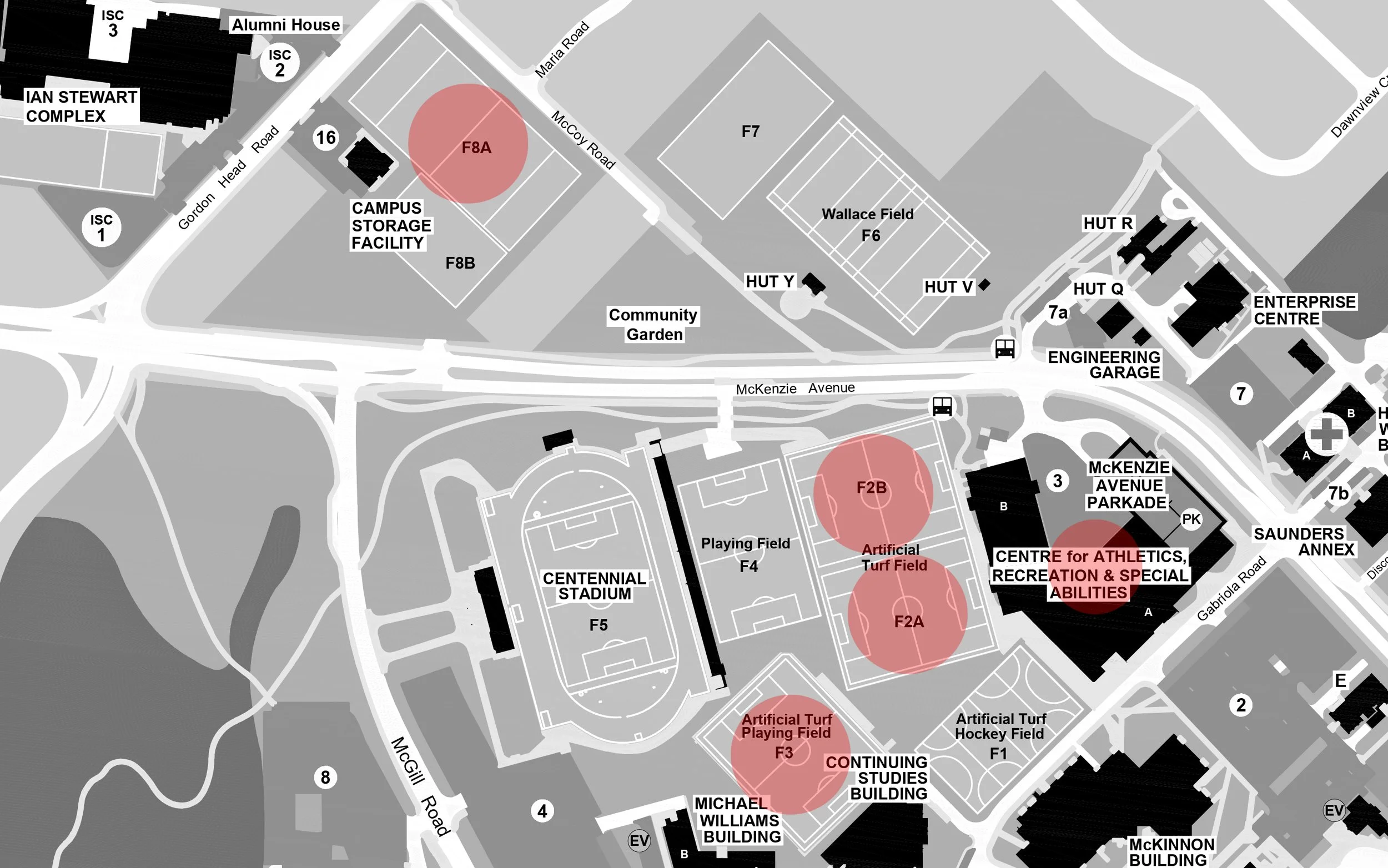 A detailed campus map highlighting various buildings, fields, and facilities within a university area, including sports fields, stadiums, and academic buildings.