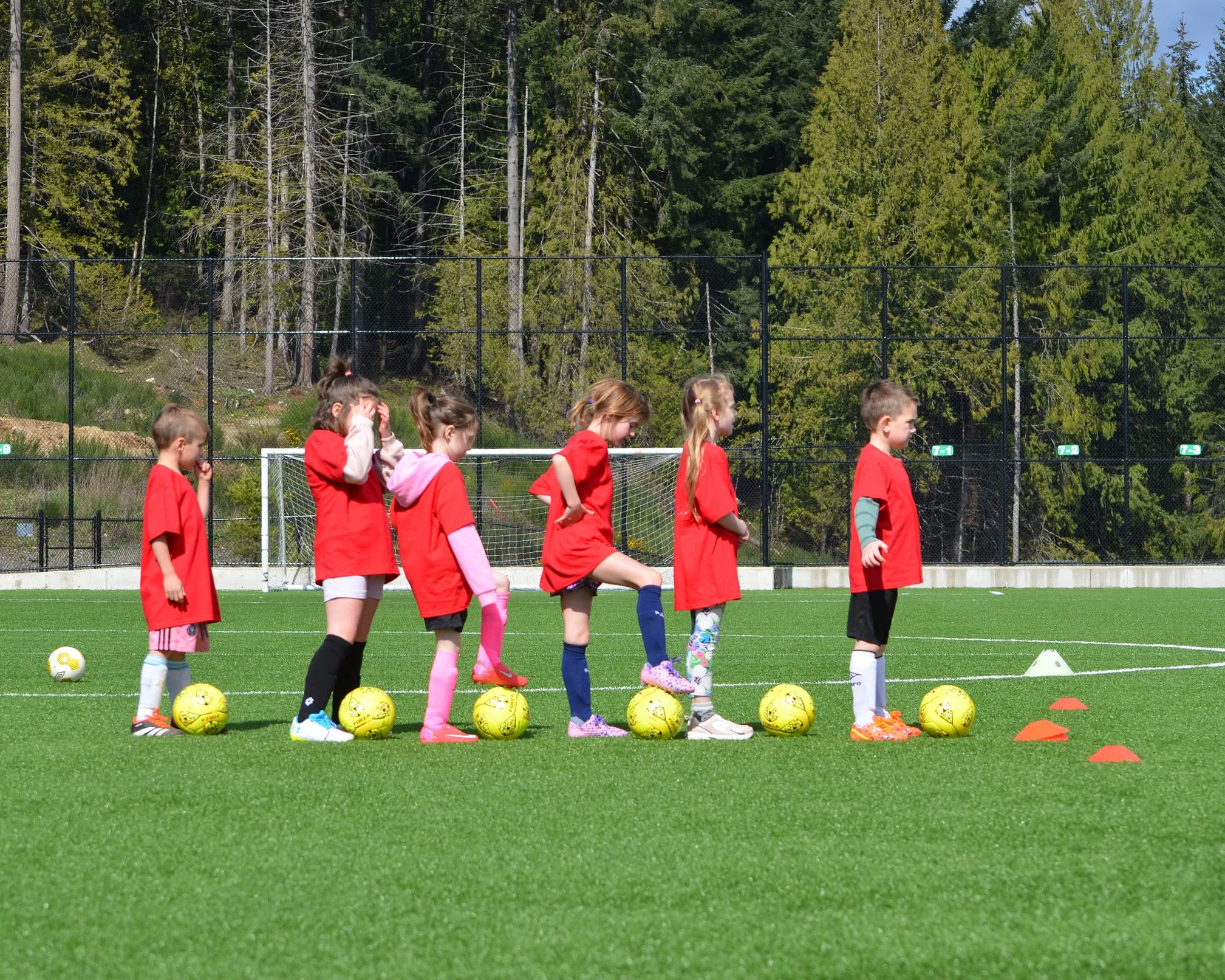 Soccer team huddle with players in red uniforms and cleats on green grass.