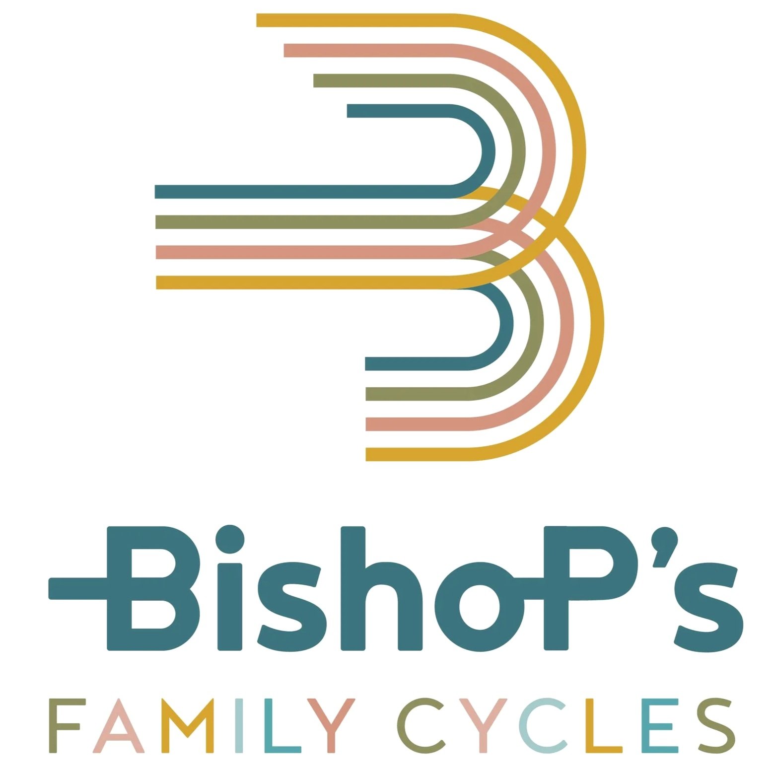 Logo for RickoP's Family Cycles featuring a large stylized letter B with multiple colorful curved lines and the company name underneath.