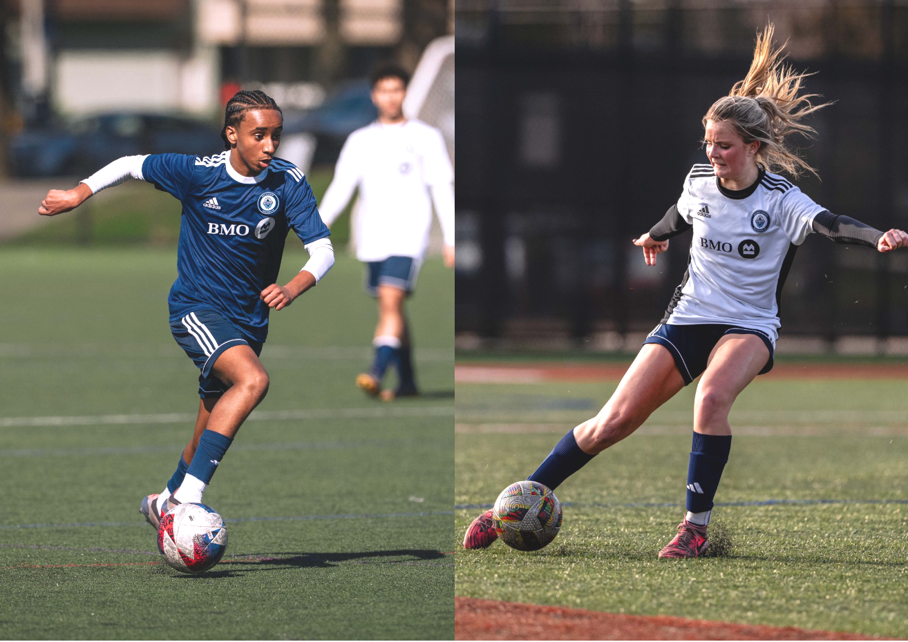 A split-screen image showing two female soccer players in action on the field. The player on the left has dark skin and braided hair, wearing a blue uniform with white sleeves, dribbling a soccer ball. The player on the right has light skin and blonde hair, wearing a white uniform with black accents, kicking a soccer ball with her hair flying.