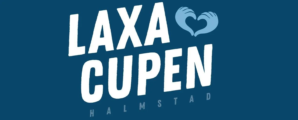 Text reading 'LAXA CUPEN HALMSTAD' with a heart-shaped design featuring two swans at the top right in white and light blue on a dark blue background.