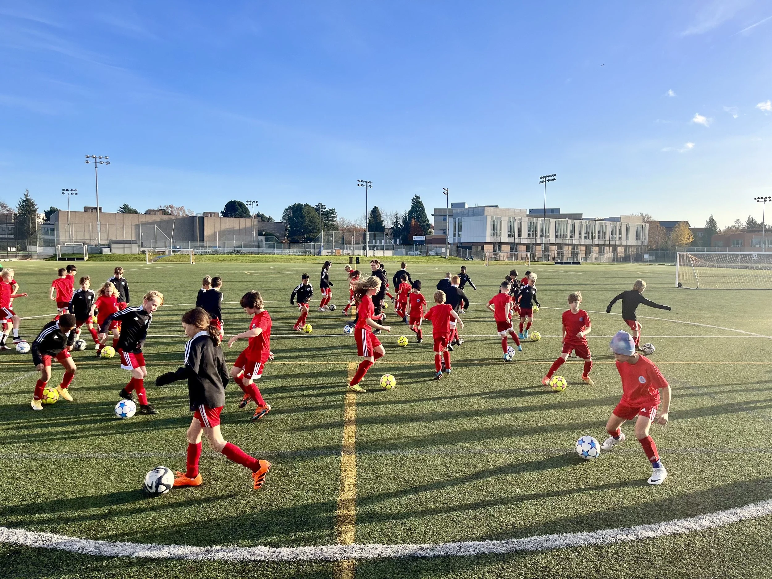 Children wearing sports uniforms participating in a soccer practice on a field, under a clear blue sky.