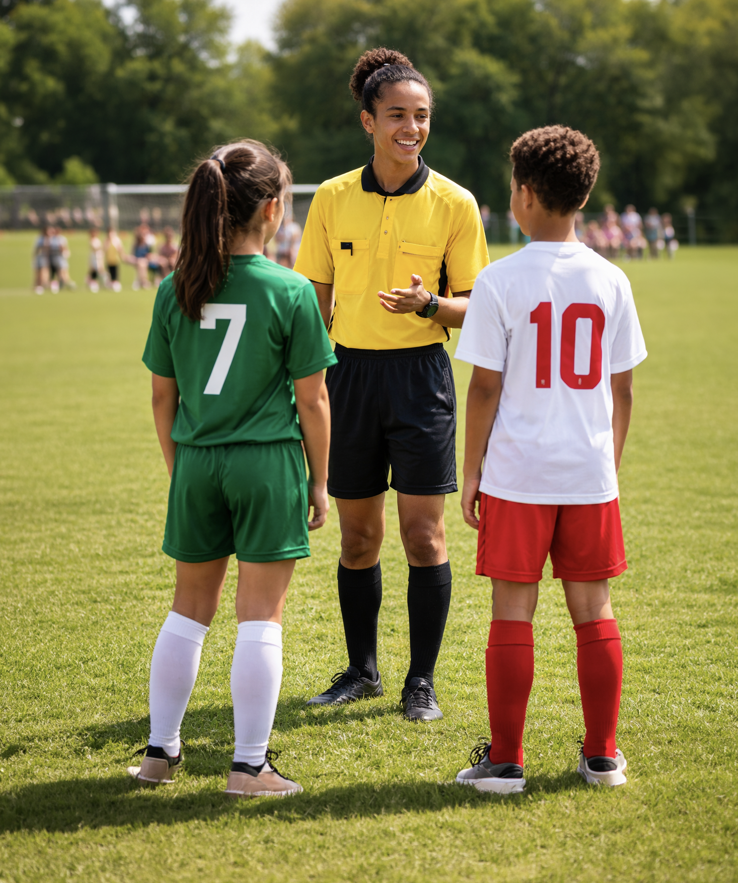 Female soccer referee in yellow jersey talking to two young female soccer players on a grassy field.