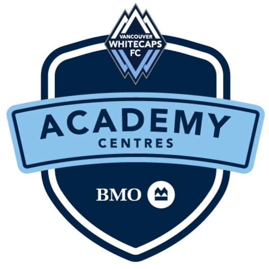 Vancouver Whitecaps FC Academy Centres logo featuring a shield with the team crest at the top, the word 'ACADEMY' in large letters on a blue banner, and the BMO bank logo at the bottom.