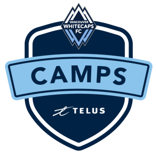 Vancouver Whitecaps FC soccer camp logo with a shield shape, featuring the team crest at the top and the word 'CAMPS' in large letters across the center, and the TELUS logo at the bottom.
