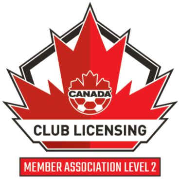 Canadian soccer club licensing badge featuring a red maple leaf, a soccer ball, and the words 'Canada Club Licensing' with 'Member Association Level 2' at the bottom.