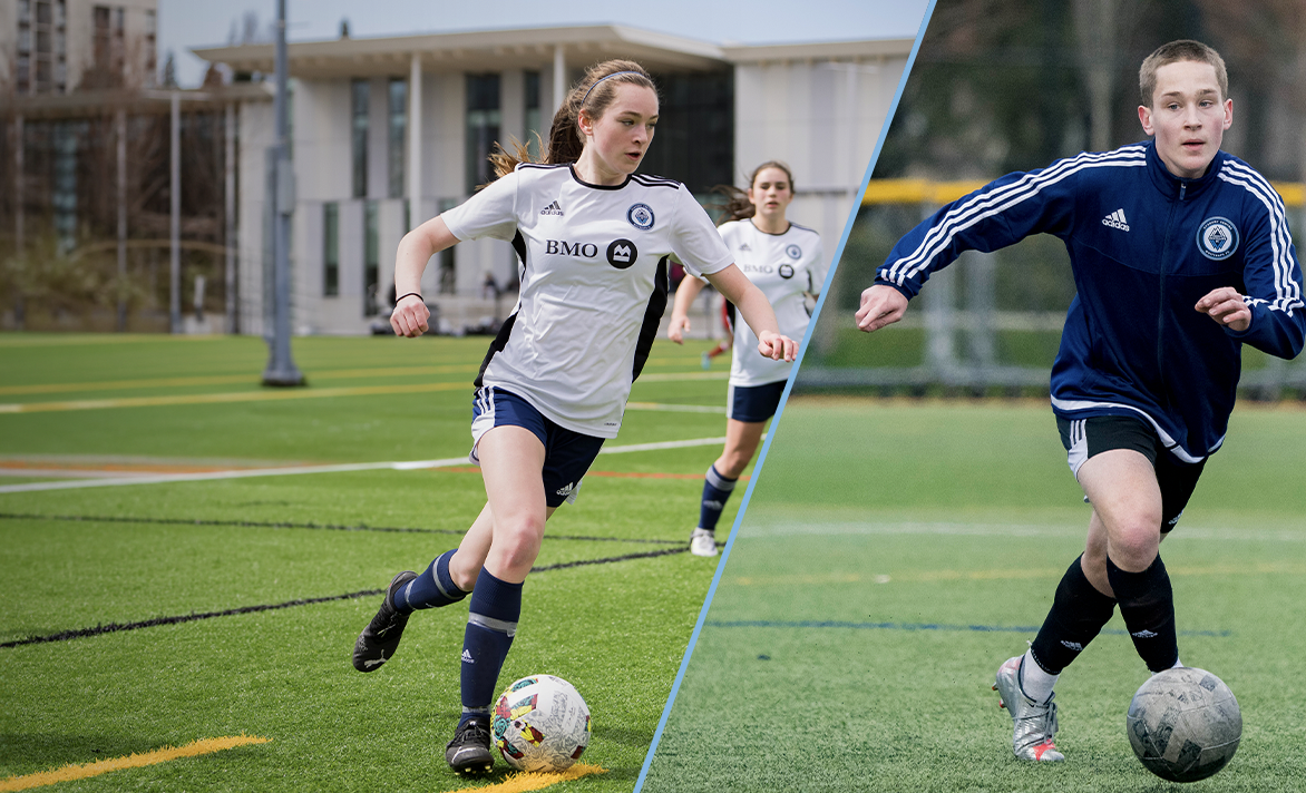 A girl and a boy playing soccer on different fields. The girl is running with a soccer ball, wearing a white and black jersey. The boy is dribbling a soccer ball, wearing a blue jacket.
