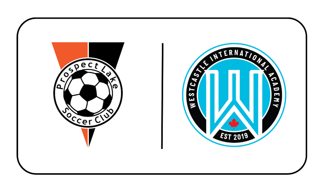Logos of Prospect Lake Soccer Club and Westcastle International Academy side by side, separated by a vertical line.
