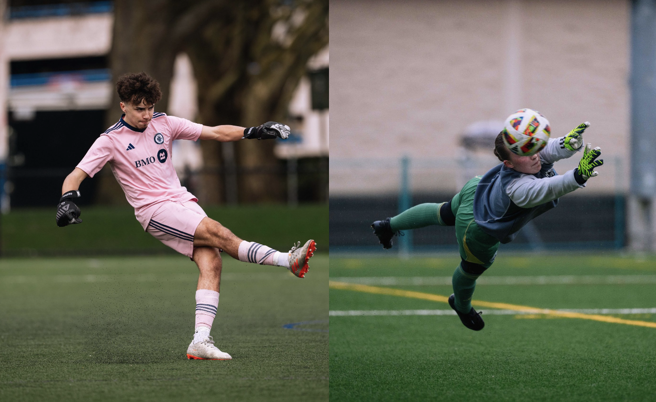 A boy in a pink soccer jersey and shorts kicking a soccer ball on a field, and a goalie in a gray and green uniform diving to catch a soccer ball.