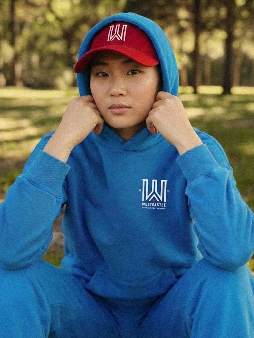 Young woman wearing a red baseball cap and blue hoodie with a logo, sitting outdoors with trees in the background.