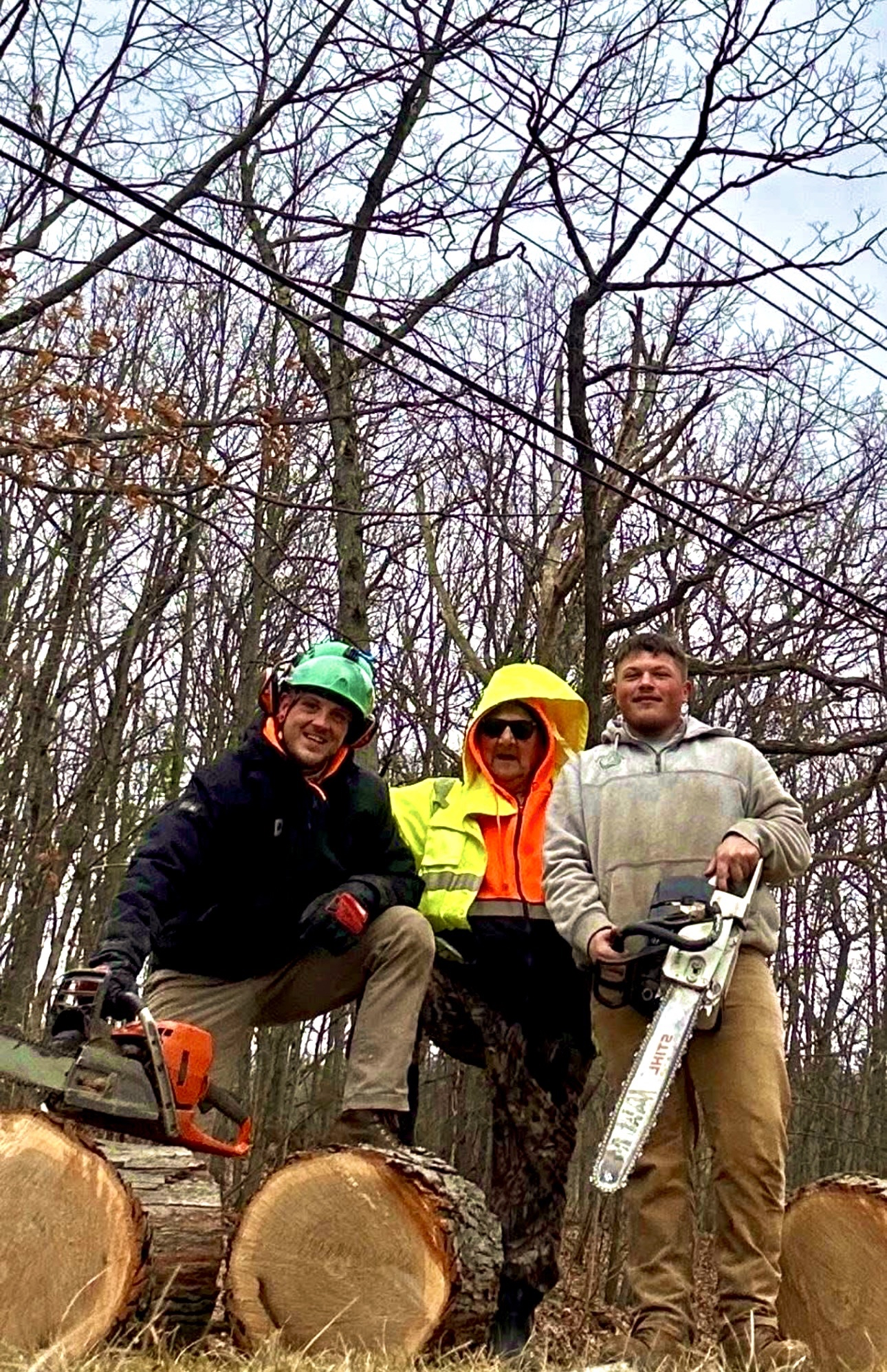 Three men posing on cut logs in a wooded area, with two holding chainsaws and wearing safety gear, including helmets and gloves, and one man wearing a bright yellow safety jacket and sunglasses.