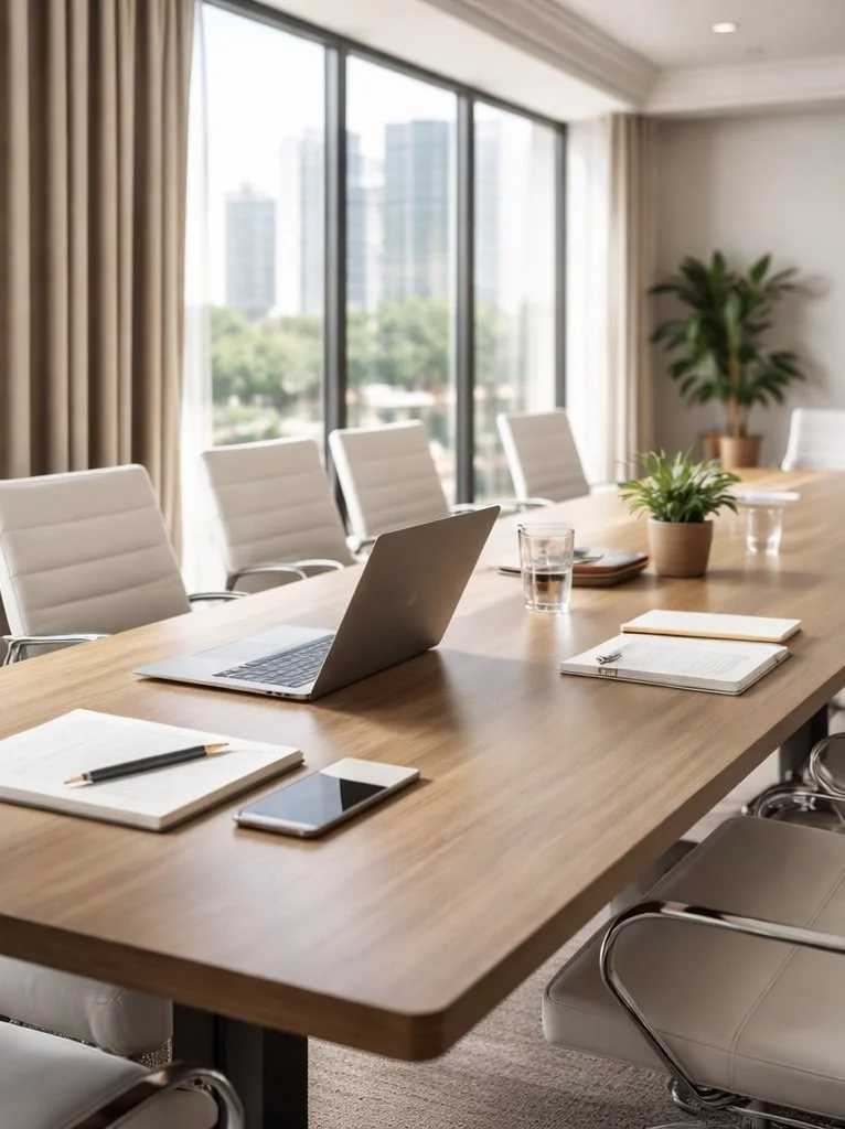 A modern conference room with a large wooden table, white chairs, a laptop, notebooks, a smartphone, a glass of water, and a small potted plant, with large windows overlooking city buildings and greenery.