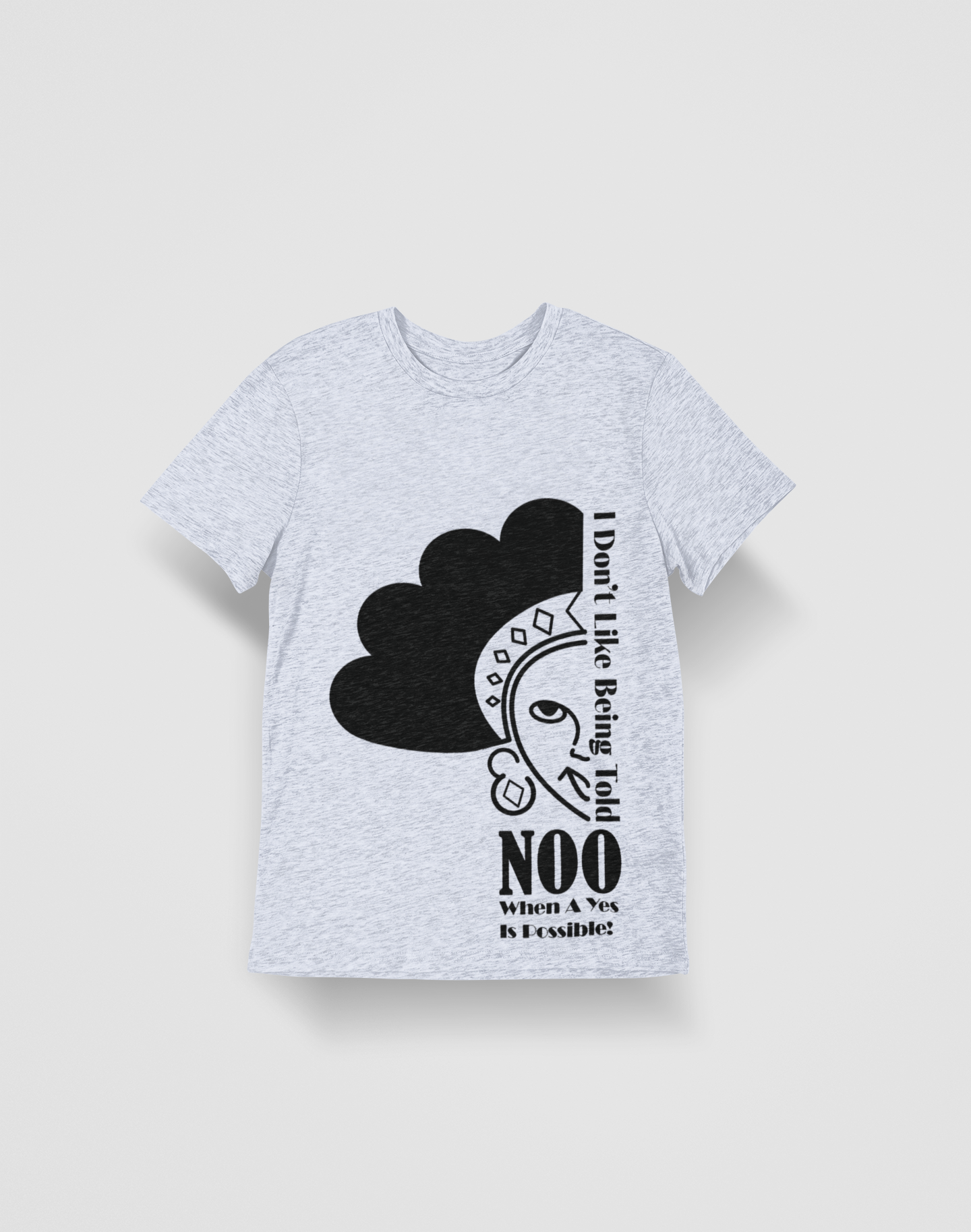 Gray t-shirt with a large black cartoon cloud and moon graphic, featuring a smiling face, surrounded by stars, with the text 'NOO When a Yes Is Possible!'