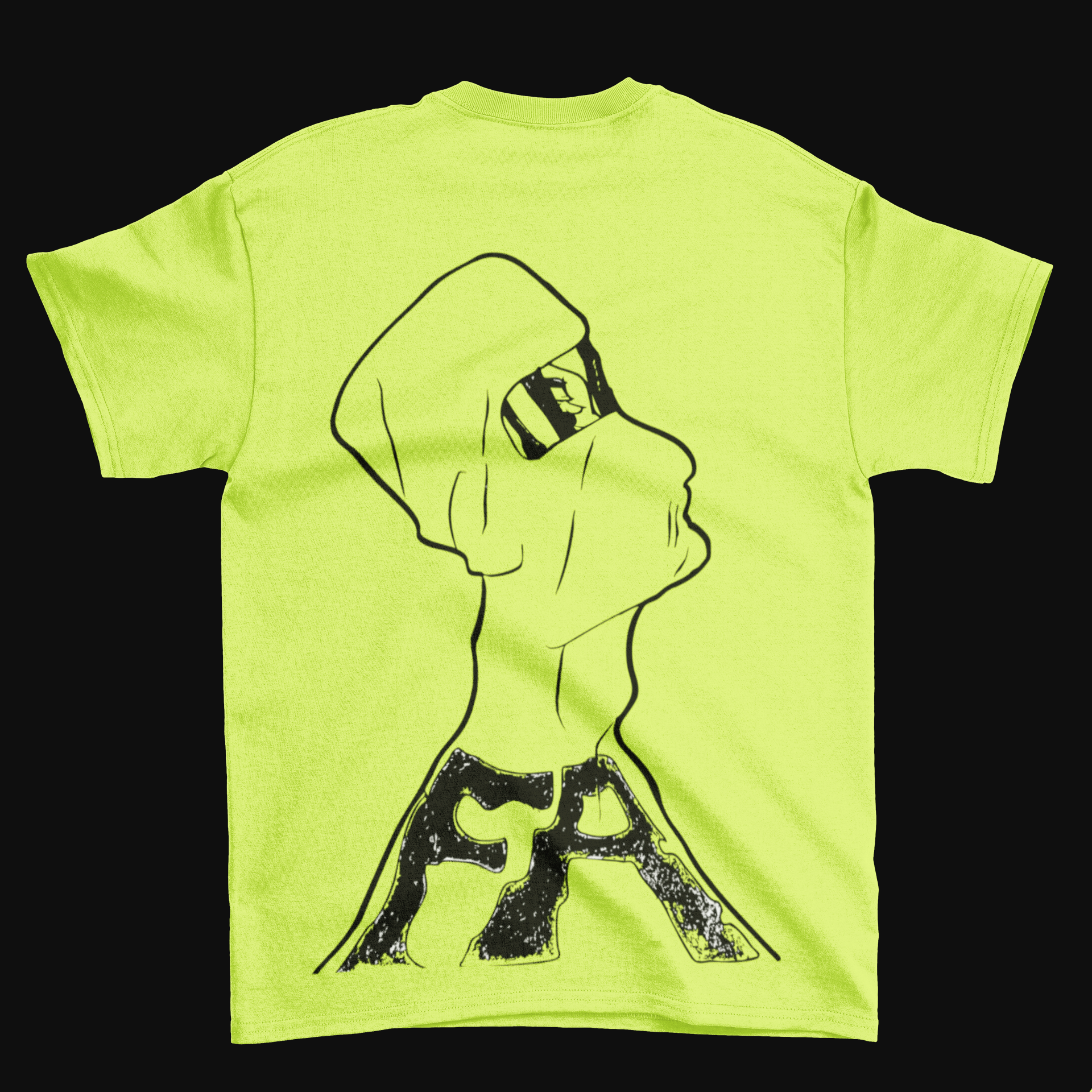 Yellow T-shirt with a black line drawing of a hand holding a spray paint can.