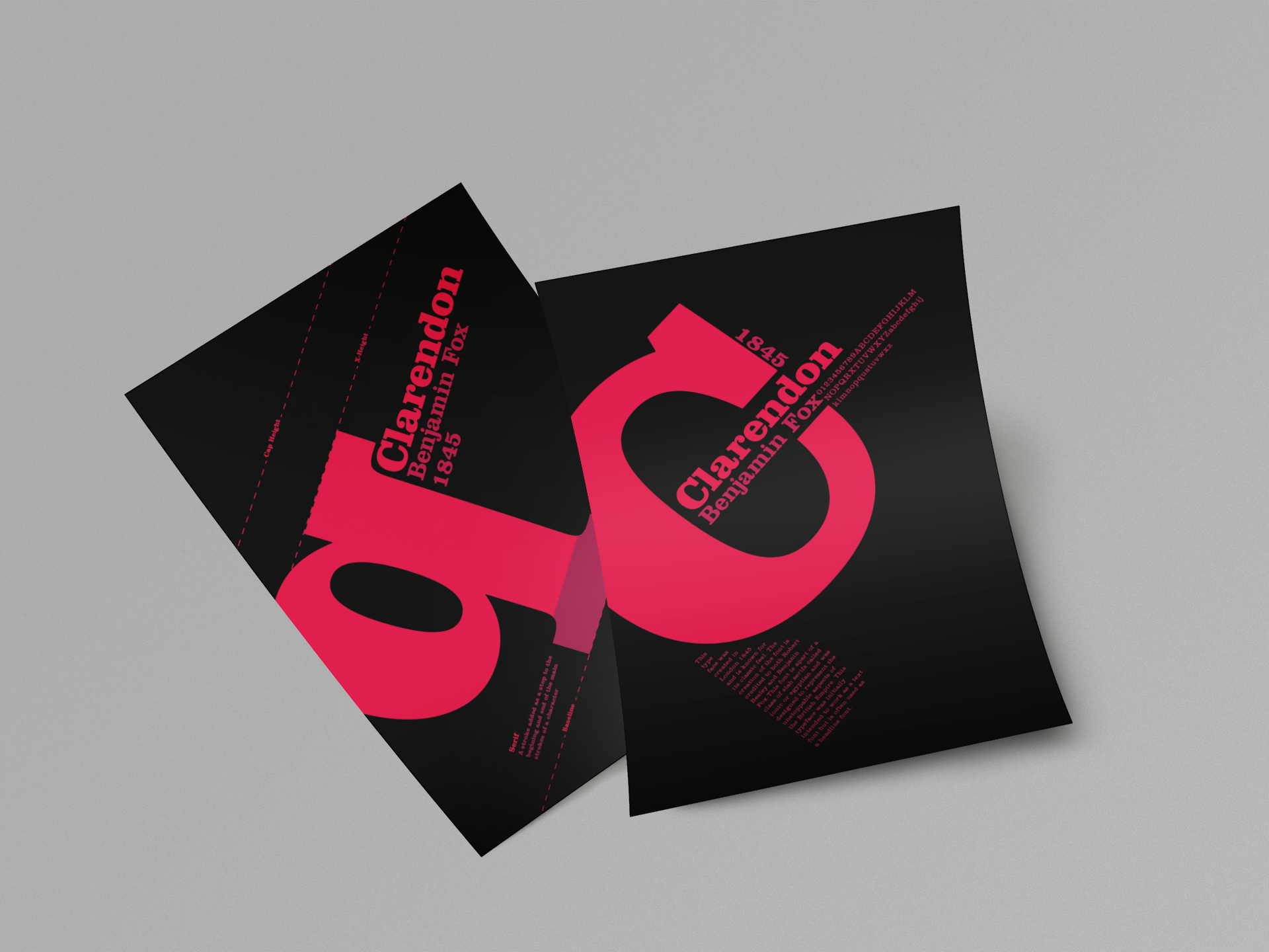 Two black and pink promotional flyers for Clarendon Benjamin Fox, 1845, with bold large pink text and smaller pink text, lying on a flat gray surface.