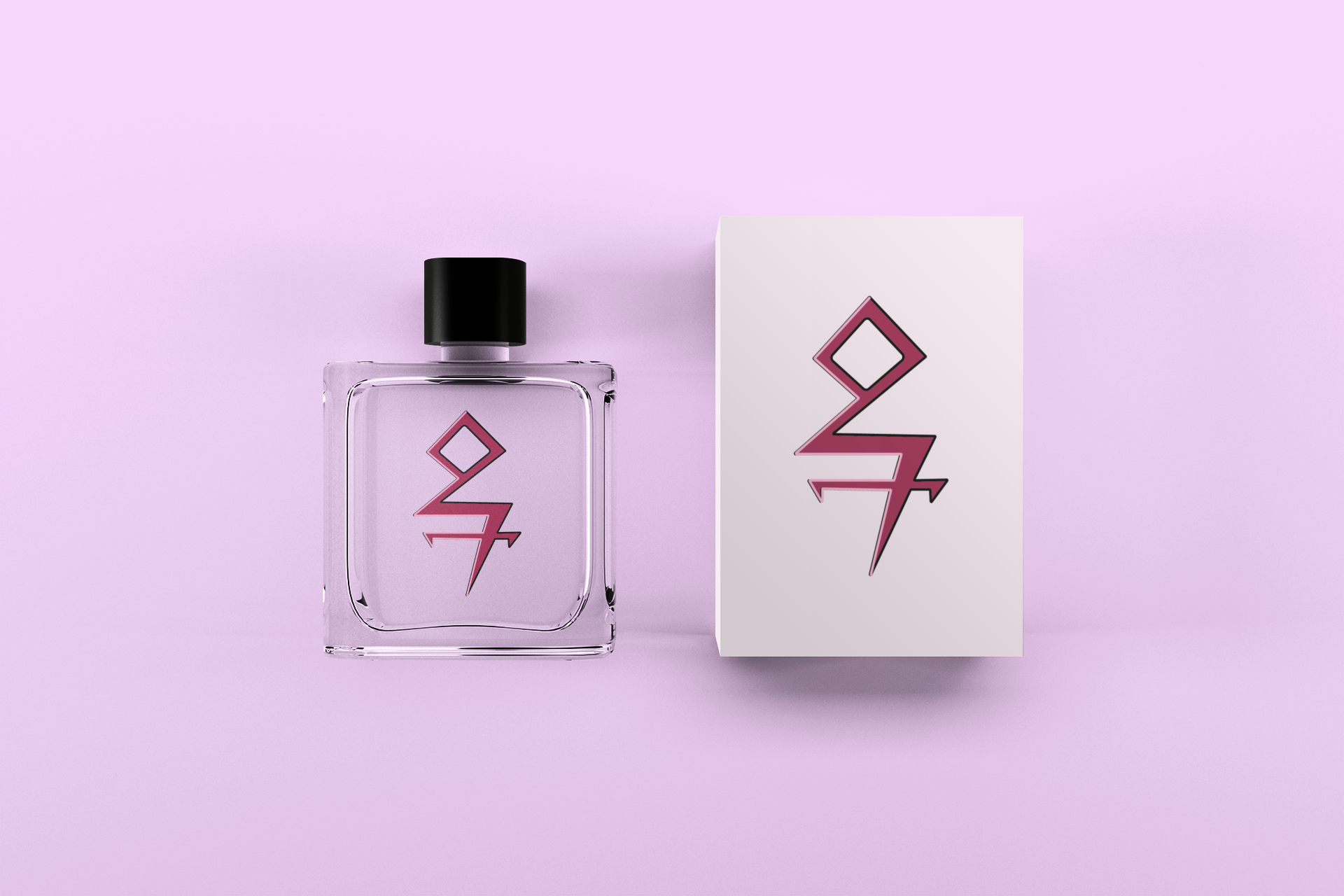 A clear rectangular perfume bottle with a black cap and a pink Milanote logo on the front, set on a lavender background next to a matching box with the same logo.